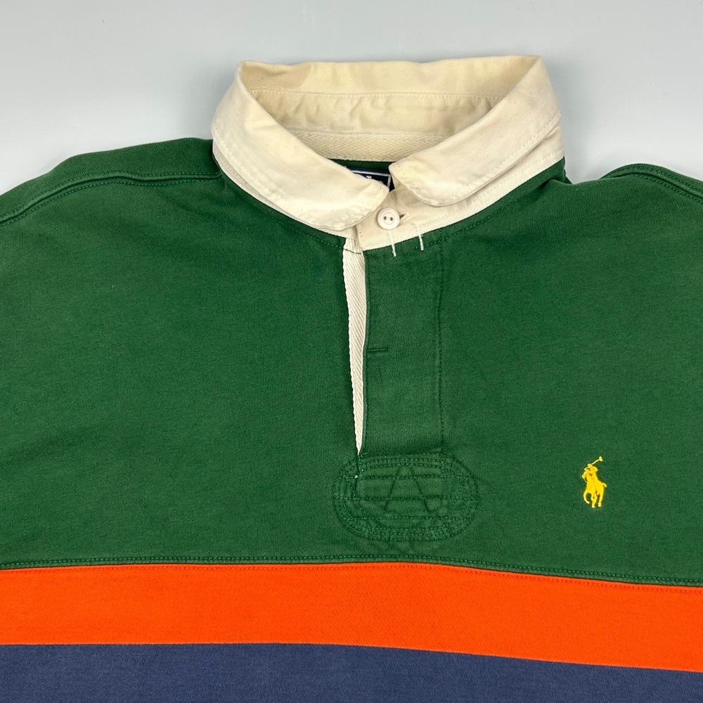 Polo Ralph Lauren Mens XL Rugby Shirt Green Orange Stripe Long Sleeve Cotton VTG - Picture 2 of 10